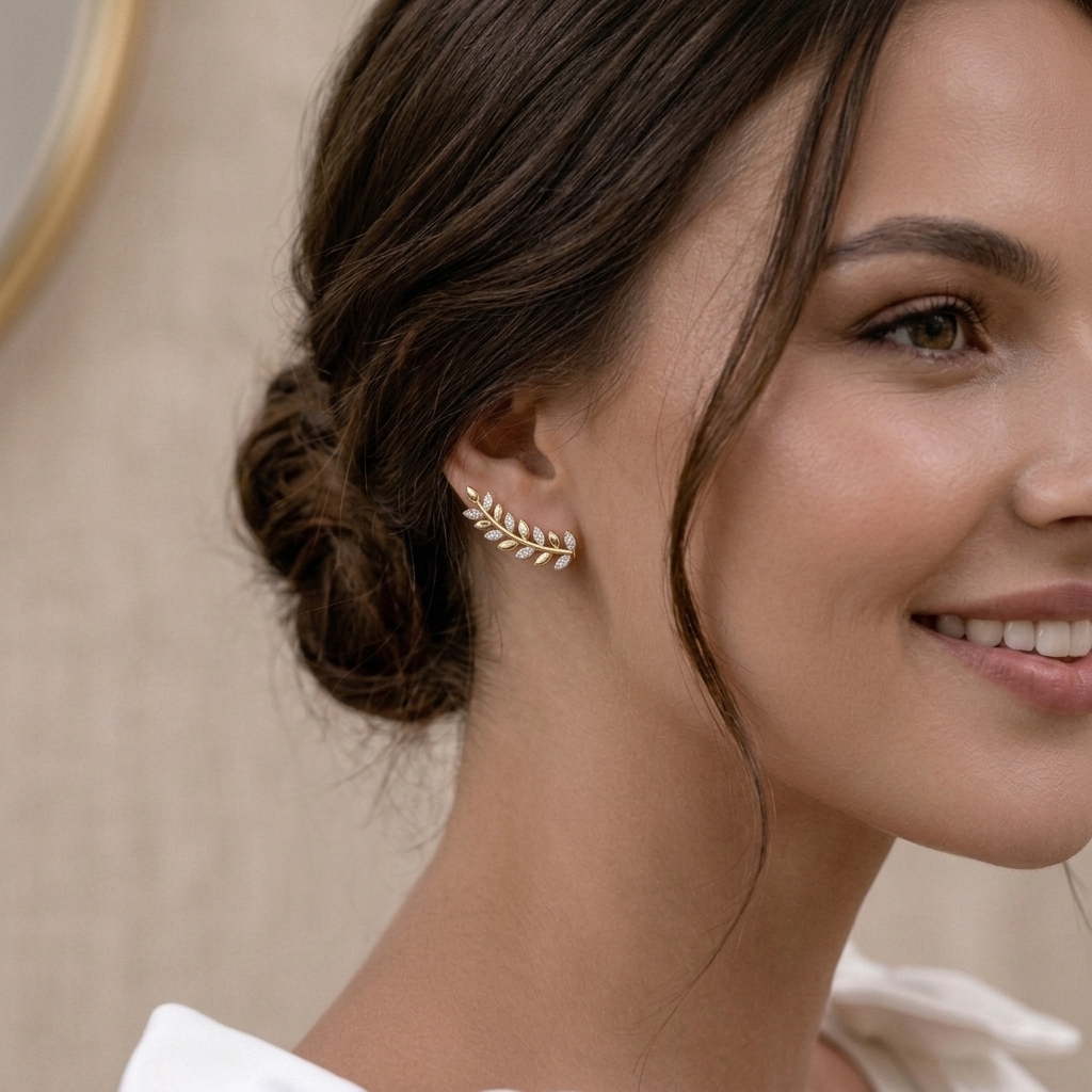 Diamond Leaf Ear Climber Earrings