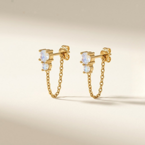 Rainbow Moonstone Chain Drop Stud Earring